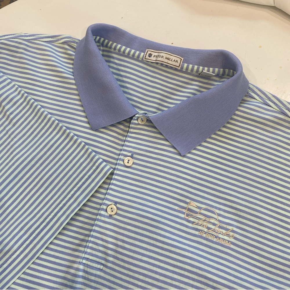 Peter Millar Light Blue and Mint Striped Polo Cotton Links at Divi Aruba logo